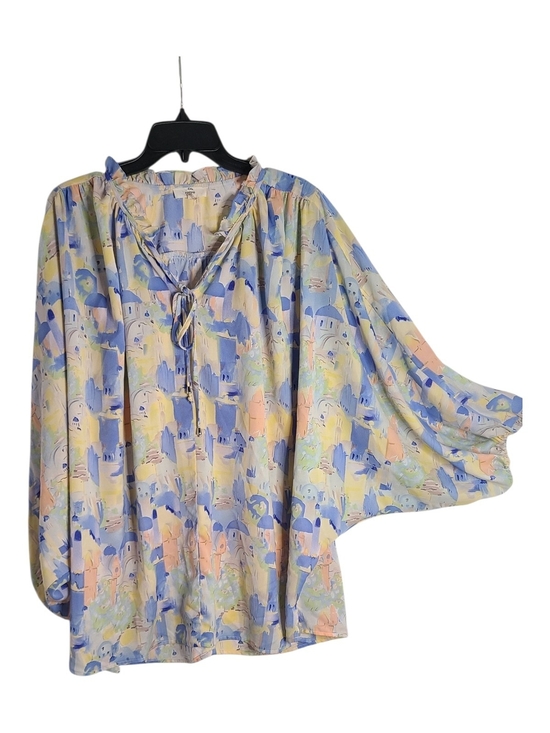 entro Tops - Entro Mediterranean Coastal Town Print Blouse Boho Ruffle Neck Plus Size 2X